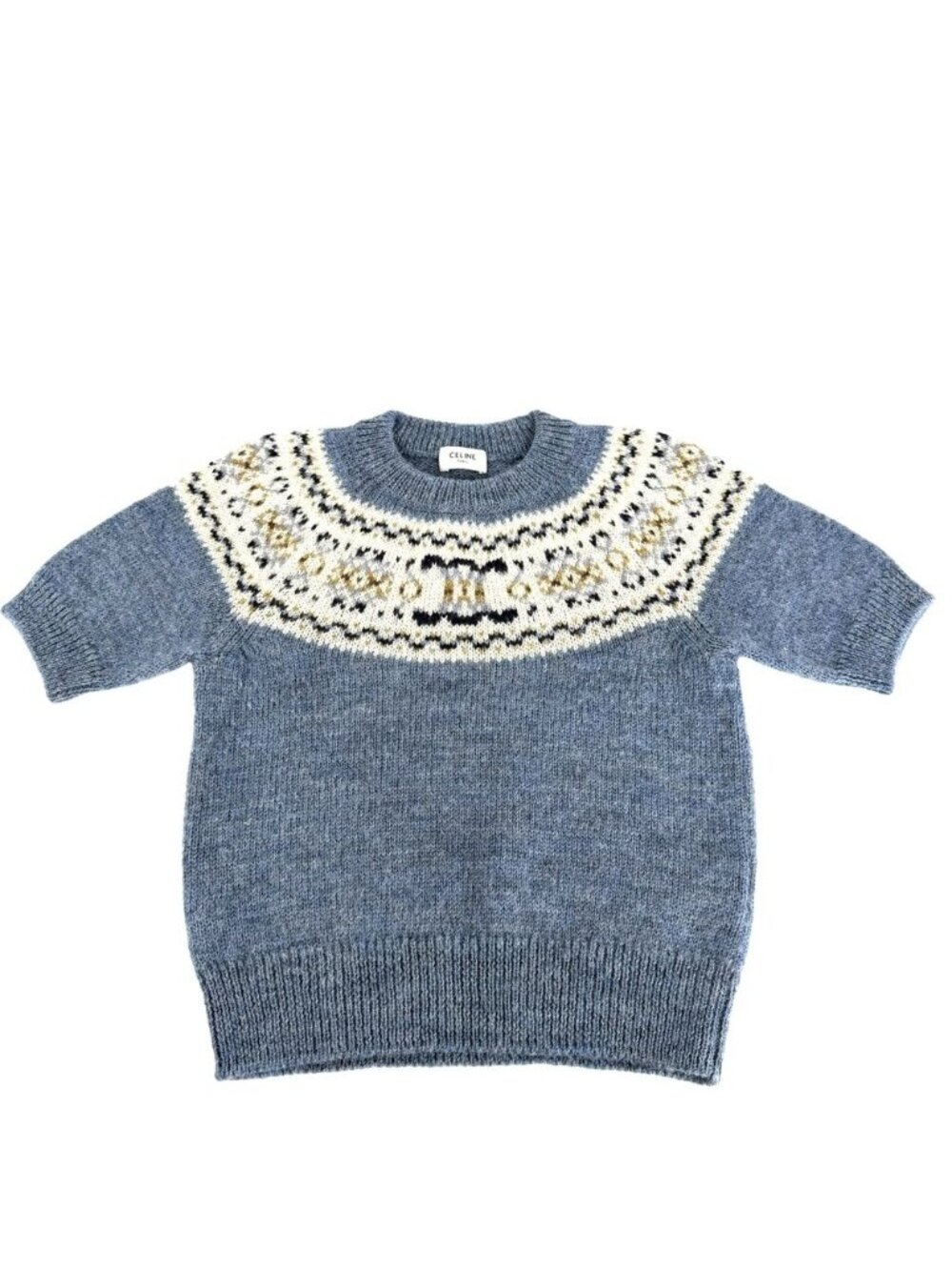 Celine Knit Fair Isle Pattern Top Blue White Wool Autumn Sweater XS